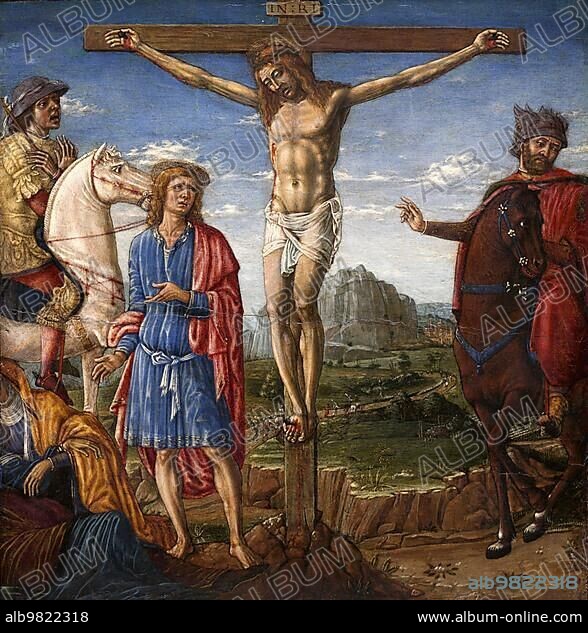 The Crucifixion; Execution; of Jesus of Nazareth; Christ; Good Friday; Golgotha; 1470; by Matteo di Giovanni; Italy; Historical; digitally restored reproduction from a 19th century original; Europe.