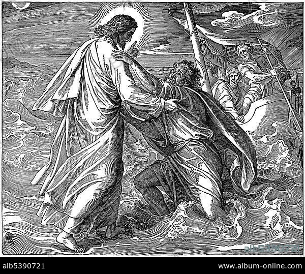 Woodcut, Jesus holds the sinking Peter, Matthew 14, 29, New Testament, Catholic Picture Bible.