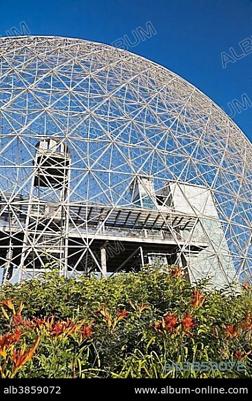 The Biosphere museum, the geodesic dome structure was the former United States pavilion at Expo 67, at Jean-Drapeau Park on Ile Sainte-Helene, Montreal, Quebec, Canada, North America.