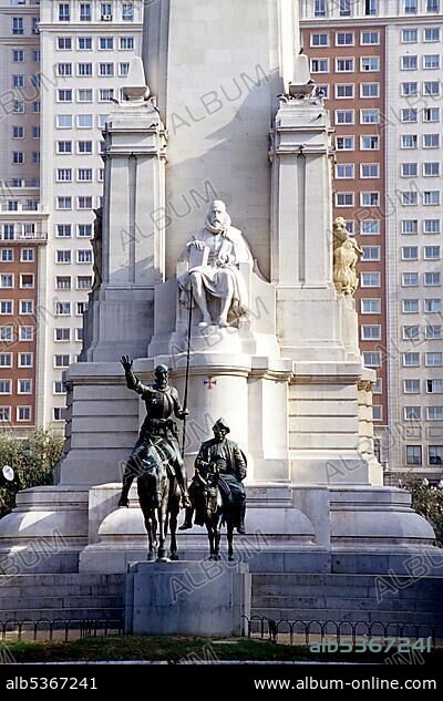 Monumento de Cervantes, Cervantes monument with a sculpture of Don Quixote and Sancho Panza on the Plaza de Espana, Madrid, Spain, Europe.