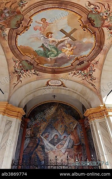 Fresco and ceiling fresco in a way of sorrows chapel in Comologno, Valle Onsernone, Canton Ticino, Switzerland, Europe.