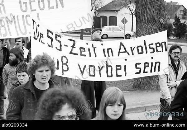 Nazi victims, youth associations, trade unions, young and old people and citizens' initiatives joined forces in a demonstration against a meeting of traditional SS associations 28.04.1979 in Arolsen, Germany, Europe.