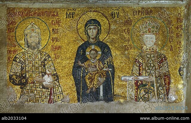 Mosaic of Virgin flanked by Emperor John II Commenus and Empress