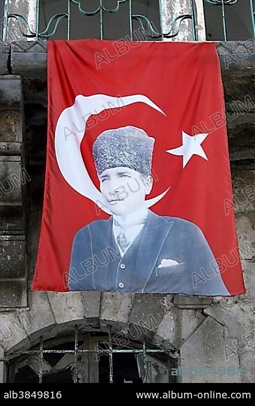 Turkish flag with the image of Mustafa Kemal Atatürk, Turkey, Asia.