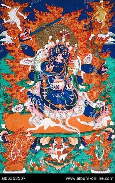 Choijin Lama Temple, Thangka painting representing Chaturmukha Mahakala, the Four-Faced Buddhist Protector, Ulaanbaatar, Mongolia, Asia.