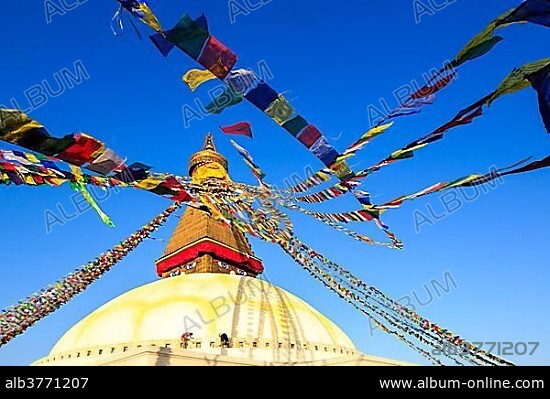 Two men are painting the Boudhanath stupa , Boudhanath, Kathmandu, Kathmandu District, Bagmati Zone, Nepal, Asia.