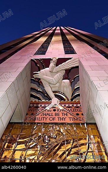 Art Deco sculpture Wisdom and Knowledge at entrance to 30 Rockefeller Plaza, Comcast Building, Rockefeller Center, New York, USA, North America.