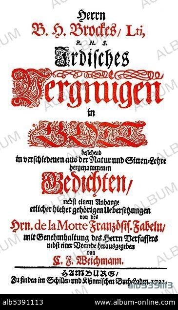 Historic print, title page of Irdisches Vergnuegen in Gott, a collection of poems, 1721, by Barthold Heinrich Brockes also known as Bertold Hinrich Brockes, 1680 - 1747, a German writer and poet of the early German Enlightenment, from Bildatlas zur Geschichte der Deutschen Nationalliteratur, an illustrated atlas by Gustav Koennecke, 1887.