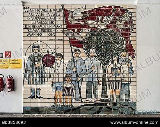 Mural of tiles with saying by Walter Ulbricht, East German propaganda, socialist realism, interior, Weimar, Thuringia.