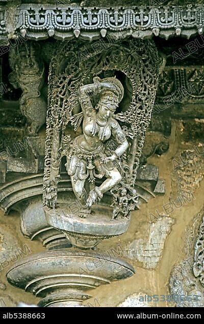 Hanging female figure, Chennakesava Temple, Belur, Karnataka, India, Asia.