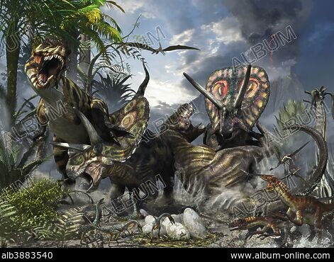 A carnivorous T-rex chasing a lone Parasaurolophus dinosaur