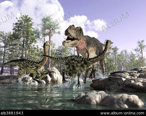 A carnivorous T-rex chasing a lone Parasaurolophus dinosaur