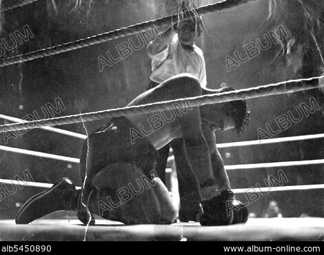 Boxer holding championship belt overhead in boxing ring, Stock