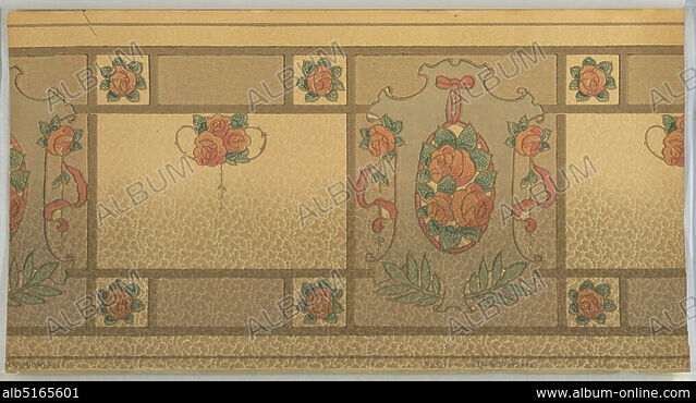Frieze. Art Nouveau. Alternating large and medium pink lilies connected by  foliate/leafy swag. Secondary ribbon swag behind lilies. Outlined on the  bottom by a simplified lace-like pattern (scalloped). This is repeated near