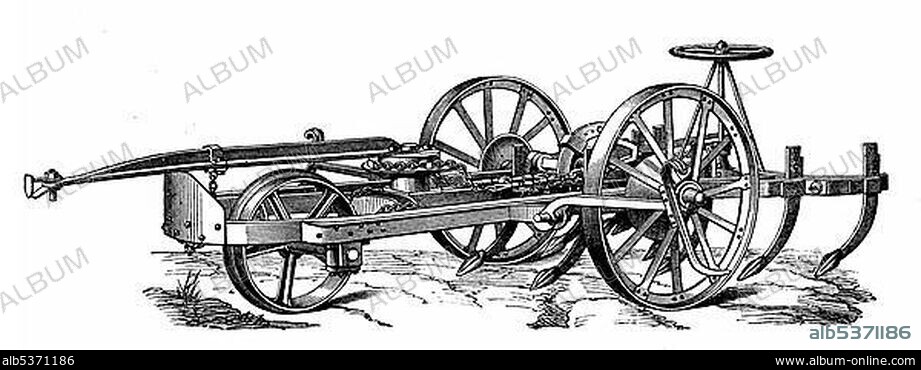 Historical graphic representation, cultivator or plough of an agricultural locomotive or tractor powered by a steam engine, dragged by a steam plough, 19th Century, from Meyers Konversations-Lexikon encyclopaedia, 1890.