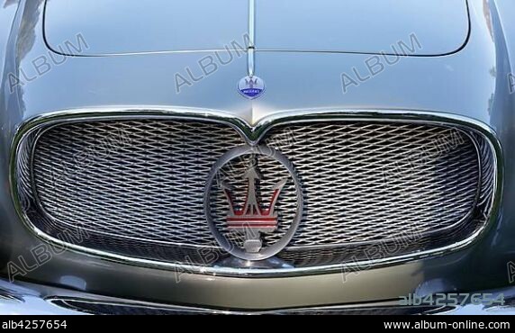 Maserati emblem, model A6G 54 Coupe 2000, built in 1956, Italian vintage car, Schloss Dyck Classic Days 2016 Jüchen, Niederrhein, North Rhine-Westphalia, Germany, Europe.