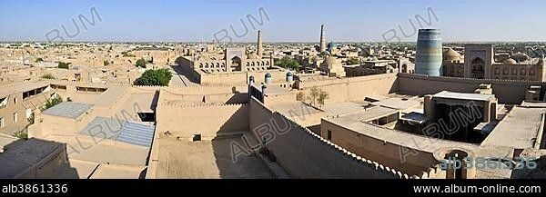 View over the historic adobe town of Khiva, Chiva, Silk Road, Unesco World Heritage Site, Uzbekistan, Central Asia, Asia.