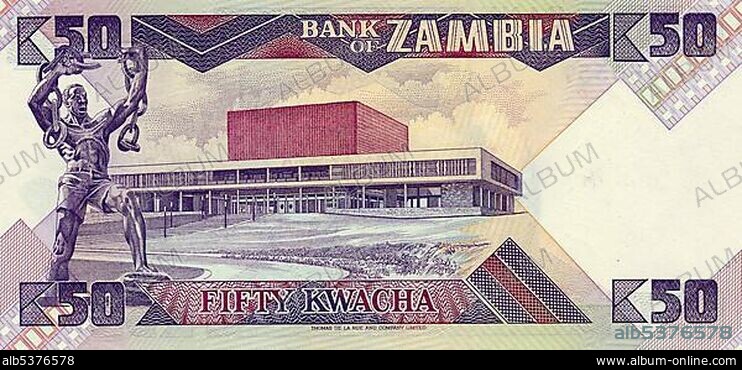 Banknote from Zambia, 50 kwacha, the parliament building in Lusaka, 1986.