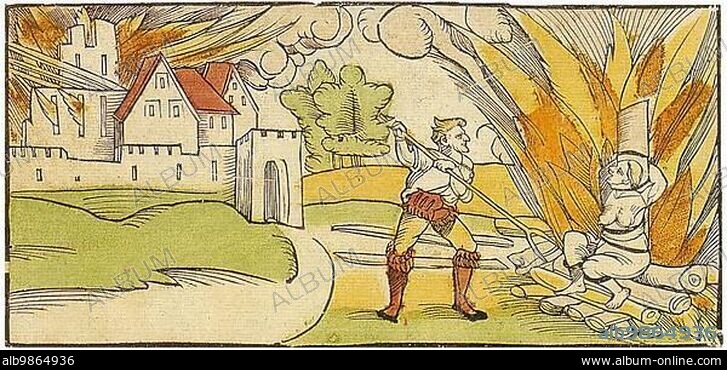 Leaflet showing the burning of an alleged witch who is said to have burned the town of Schiltach with the devil in 1531, Baden-Württemberg, Germany, Historical, digitally restored reproduction from an original of the time, Europe.