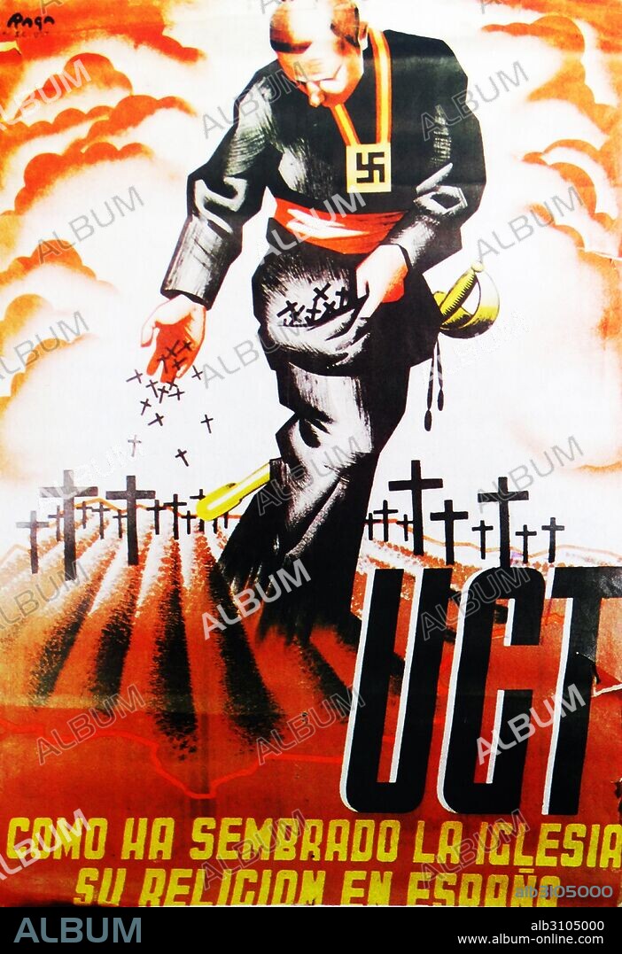 Anti-clerical, UGT Spanish Union poster critical of the established Catholic Church and pointing a link to Nazism, 1936.