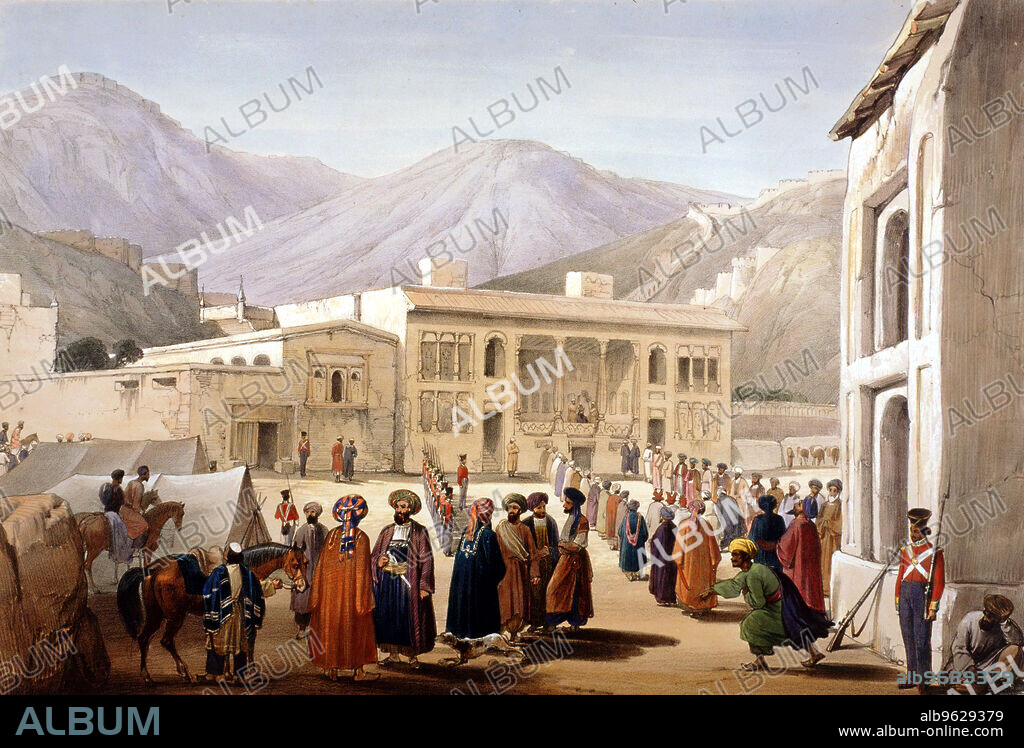 Shah Shoja, puppet of the British, holding a durbar at Kabul, First Anglo-Afghan War, 1838-1842. A former ally of the British from the Napoleonic Wars, Shah Shoja was restored as ruler of Afghanistan by the British in 1839 as they sought to block Russian influence in the country. He was assassinated in 1842. From Sketches in Afghanistan by James Atkinson. (London, 1842).