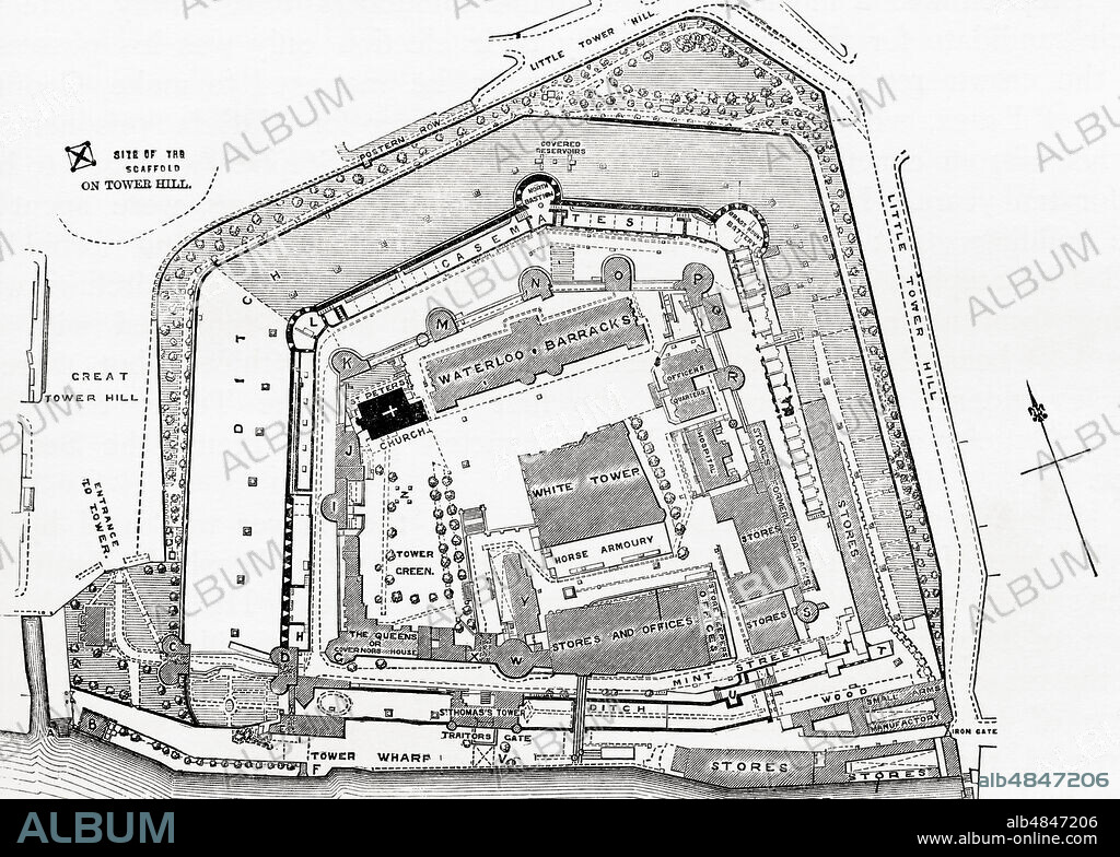 Plan of the Tower of London, London, England.  A. Tower Stairs  B. Wharfinger's House  C. Middle Tower  D. Byward Tower  E. Guard Rooom  F. Queen's Stairs  G.  Bell Tower  I. Beauchamp Tower  K.  Devereux Tower  L.  Legge's Mount Battery  M.  Flint Tower.