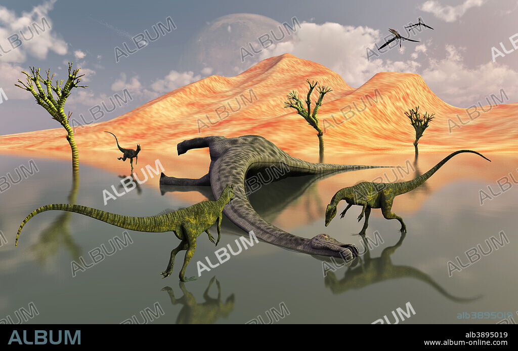 A pack of carnivorous Dilophosaurus scavaging a free meal in the form of a dead sauropod dinosaur, which died of natural causes back in Earth's Jurassic Era.