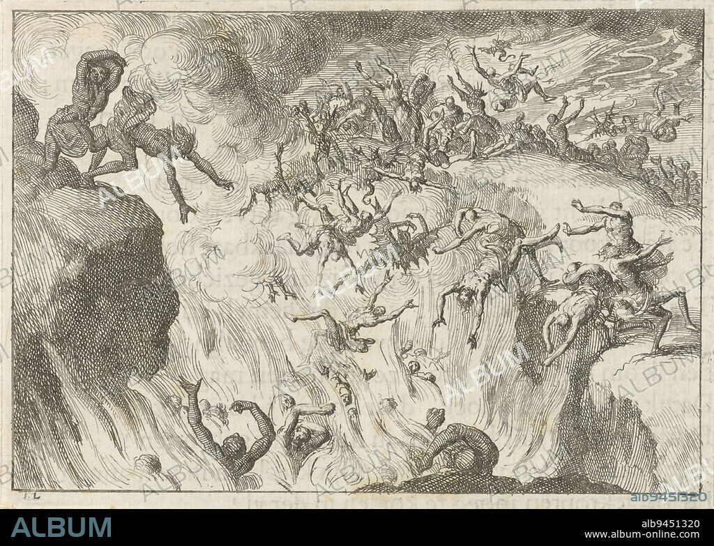 Naked men and women are cast into the eternal flames of hell by devils,  Damned are cast into the Eternal Fire, print maker: Jan Luyken, (mentioned  on object), publisher: D - Album