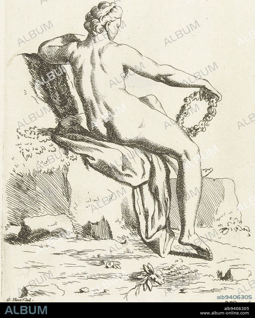 A naked woman seen from behind is sitting on a rock covered with a cloth.  In her hand she is holding a wreath of flowers, Naked woman with a wreath  of flowers.,