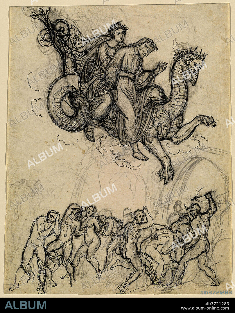 JOSEPH ANTON KOCH. Dante and Virgil Riding on the Back of Geryon. Dated: c. 1821. Dimensions: sheet: 38.3 x 30 cm (15 1/16 x 11 13/16 in.). Medium: pen and black ink over graphite on laid paper, fragments of graphite borderlines at top, left, and bottom.