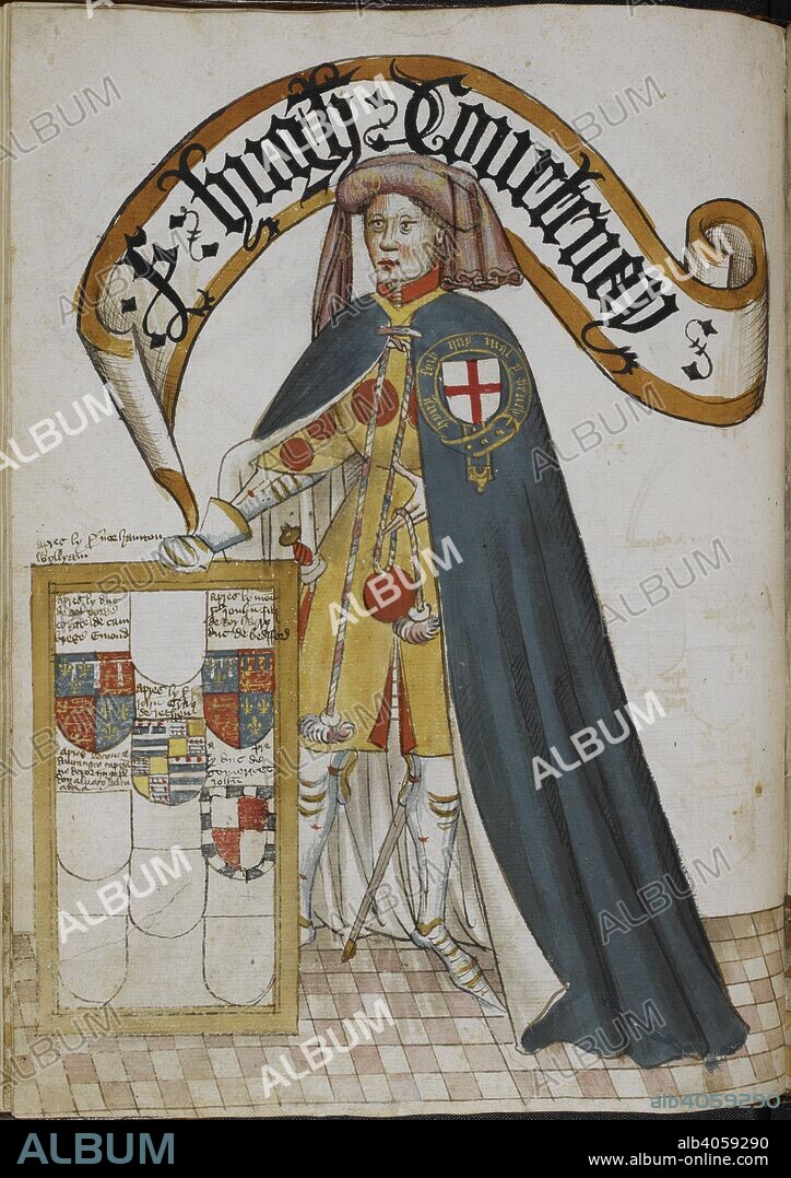 Sir Hugh Courteney, a founder Knight of the Order of the Garter, wearing a blue Garter mantle over plate armour and surcoat displaying his arms. Pictorial book of arms of the Order of the Garter ('William Bruges's Garter Book'). England, S. E. (probably London); c. 1430- c. 1440 (before 1450). Source: Stowe 594 f.10v.