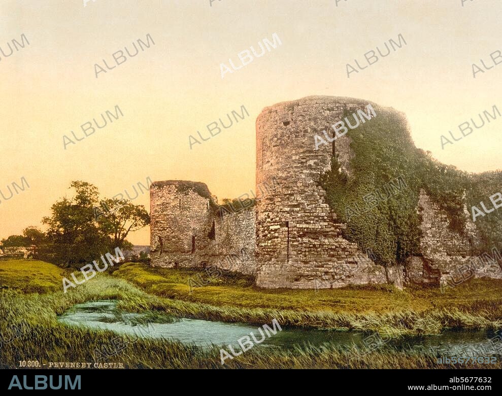 Pevensey (East Sussex, England), Pevensey Castle. (site where William the Conqueror landed in 1066; castle built by Robert, Count of Mortain, shortly afterwards; towers from the 13th century). "Pevensey Castle". Photochromatic print, c. 1890/1900.