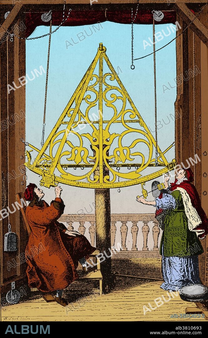 Hevelius and his wife Elisabetha observing the stars, from Hevelius' book "Machina Coelestis" (Celestial Machine). Johannes Hevelius (1611-1687) was a Polish astronomer. He is remembered as the founder of founder of lunar topography, who also described ten new constellations (seven of which are still recognized by astronomers). This image has been color-enhanced.