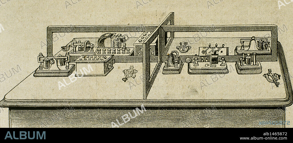 Quadruplex telegraph invented by Thomas Alva Edison (1847-1931) in 1874. It could send and receive four telegraph messages simultaneously on a single wire, two signals in each direction. Engraving.