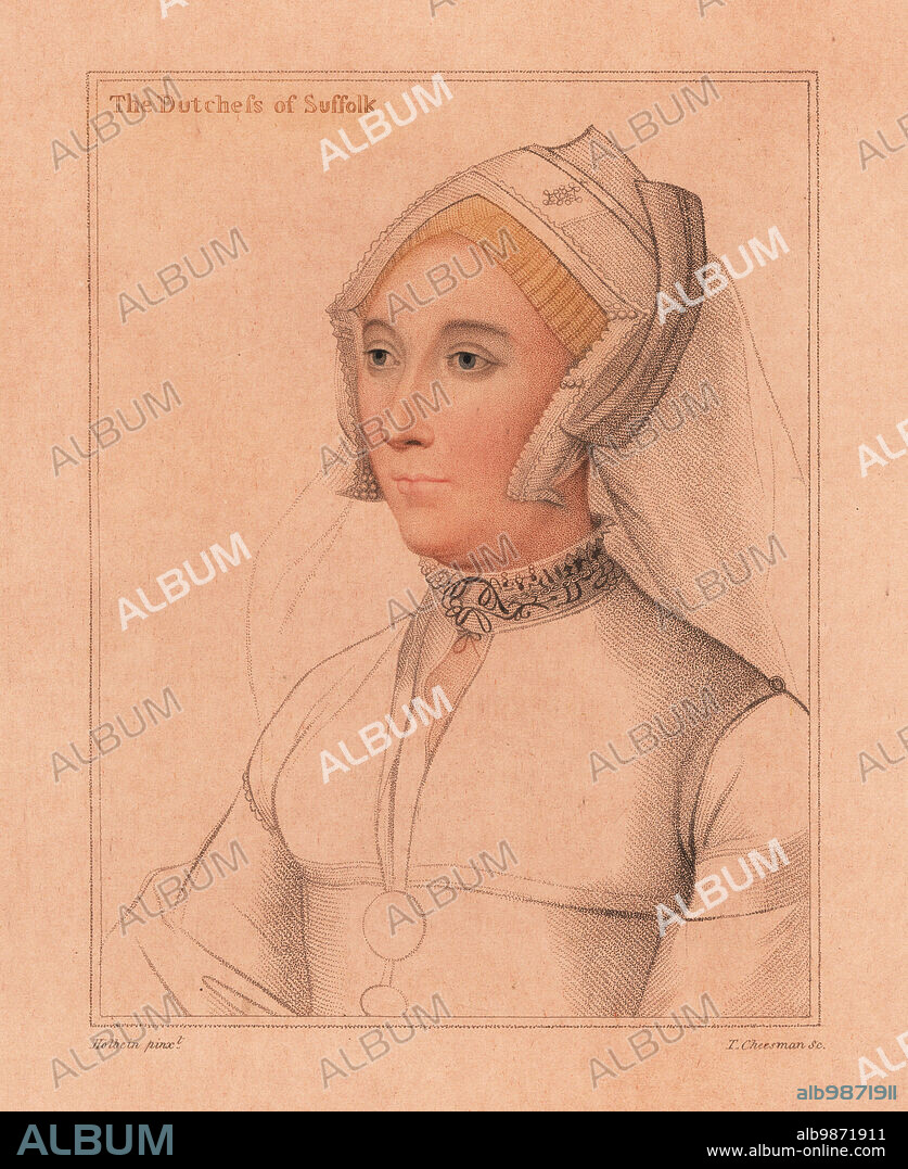 Catherine Brandon, Duchess of Suffolk, 12th Baroness Willoughby de Eresby (1519-1580). In gable hood headdress. The Dutchess of Suffolk. Handcoloured copperplate stipple engraving by Thomas Cheesman after a portrait by Hans Holbein the Younger from Imitations of Original Drawings by Hans Holbein, John Chamberlaine, London, 1812.