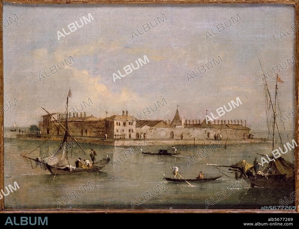 GIACOMO GUARDI. Guardi, Giacomo. 1764-1835. "Venice, the Island of Lazzaretto Nuovo". Oil on panel, 16.5 × 24cm. No date. London, Sotheby's. Lot 72, 8/7/92.