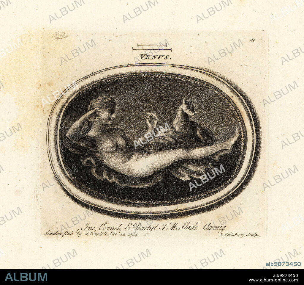 Naked Venus, Roman goddess of love, beauty, desire and sex, lying on a  sheet with a dog. Engraved on carnelian and dactylotheca from the  collection of art dealer Thomas Mo - Album