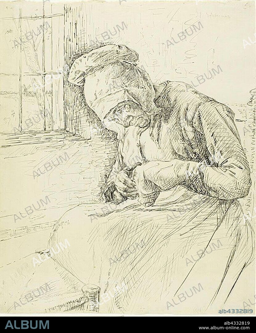 Old Woman Mending at the Window, 1881, Max Liebermann, German, 1847-1935,  Germany, Pen and black ink over graphite and blue crayon on cream laid  paper, 311 x 256 mm. - Album alb4332819