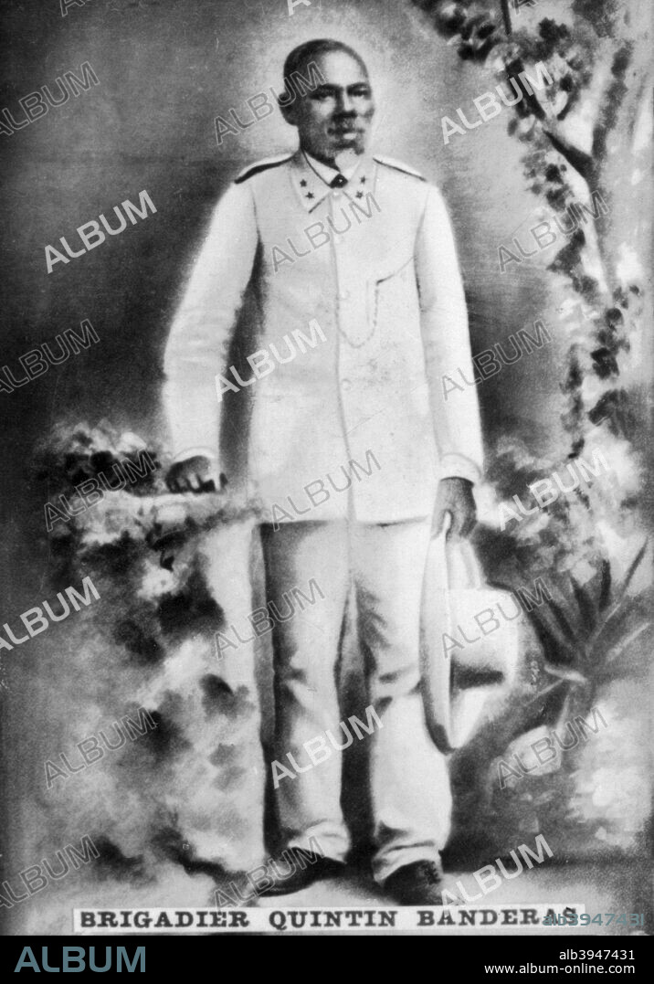 Brigadier-Quintin Banderas. Born in Santiago de Cuba in 1834, fought in the two wars of Independencia. was deported to Spain in 1879. In 1896 he walked the trail from Mariel to Majana, mocking the vigilance of Spanish troops. Died in 1906. Cigar card from the History of Cuba, Geografico Universal, Propaganda de los Cigarros Susini y La Corona, Tabacalera Cubana.