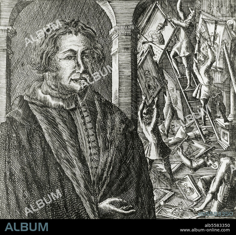 Karlstadt, Andreas Rudolph Bodenstein von, c.1480-1541, German theologian during the Protestant Reformation. Portrait of Karlstadt (on the right a scene of destruction from. 6th February 1522, of which Karlstadt is considered the initiator). Copper engraving, c.1700; 17.7 × 15 cm.