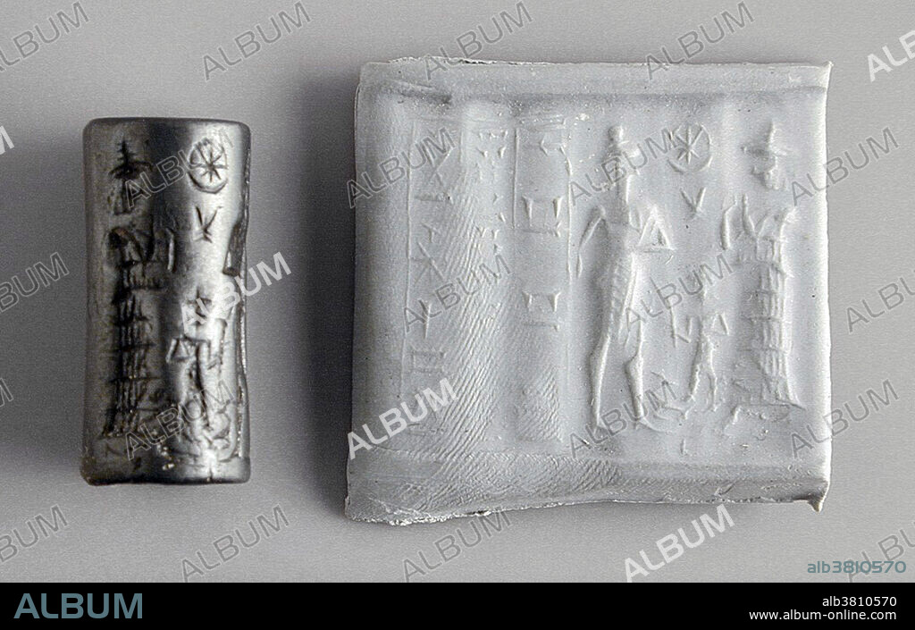 Mesopotamian Cylinder Seal, circa 2000-1600 BC. Made from hematite. A cylinder seal is a small stone cylinder engraved in intaglio, an engraving or incised figure, depressed below the surface so that an impression from the design yields an image in relief when rolled on wet clay. It first appeared circa 3400-2900 BC and is considered to be one of the finest artistic achievements of Mesopotamia. They are linked to the invention of the latter cuneiform writing on clay cylinders. They were used as an administrative tool, a form of signature, as well as jewellery and as magical amulets. Later versions would employ notations with Mesopotamian hieroglyphs. Many varieties of material such as hematite, obsidian, steatite, amethyst, lapis lazuli and carnelian were used to make cylinder seals. The seals were adopted in Egypt and the Indus civilization.