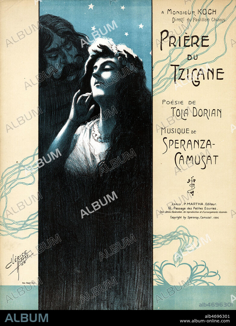 'Priere du Tzigane', poesie de Tola Dorian, musique de Speranza-Camusat. Couverture de partition de 1906. Illustration par Clerice Freres. Credit : Collection IM/KHARBINE-TAPABOR.