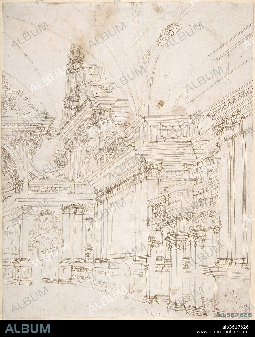 ANTONIO GALLI BIBIENA and FERDINANDO GALLI BIBIENA (? ). Sketch of a Palace Interior. Artist: Antonio Galli Bibiena (Italian,  Parma 1700-1774 Mantua (?)); Ferdinando Galli Bibiena (Italian, Bologna 1657-1743 Bologna) (?). Dimensions: sheet: 10 1/16 x 7 13/16 in. (25.5 x 19.9 cm). Date: 1700-1774.