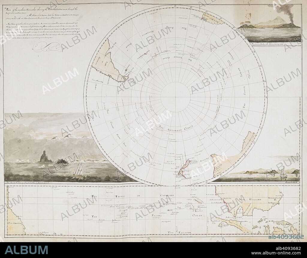 [Whole map] Map of the southern hemisphere showing the route of the Resolution during Captain Cook's Second Voyage, from Capetown in November 1772, to Caledonia in October 1774. Three coastal views; Resolution Harbour, Frieslands Head and the Sandwich Islands. Charts, and views of headlands, taken during Captain Cook's Second Voyage, 1772-1774. after 1774. Source: Add. 15500, No.1. Language: English.