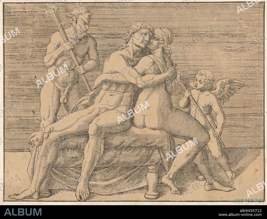 Young love couple, A nude young man and woman are seated in embrace facing  each other, flanked by a satyr (left) and a putto (right) respectively both  holding a burning to -