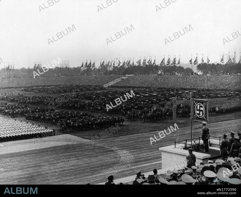 Speech to the armed forces of Adolf Hitler at Nuremberg. The Chancellor of the Third Reich Adolf Hitler holding a rally for the armed forces in the Luitpold arena crowded with people. Nuremberg, 12th September 1938.