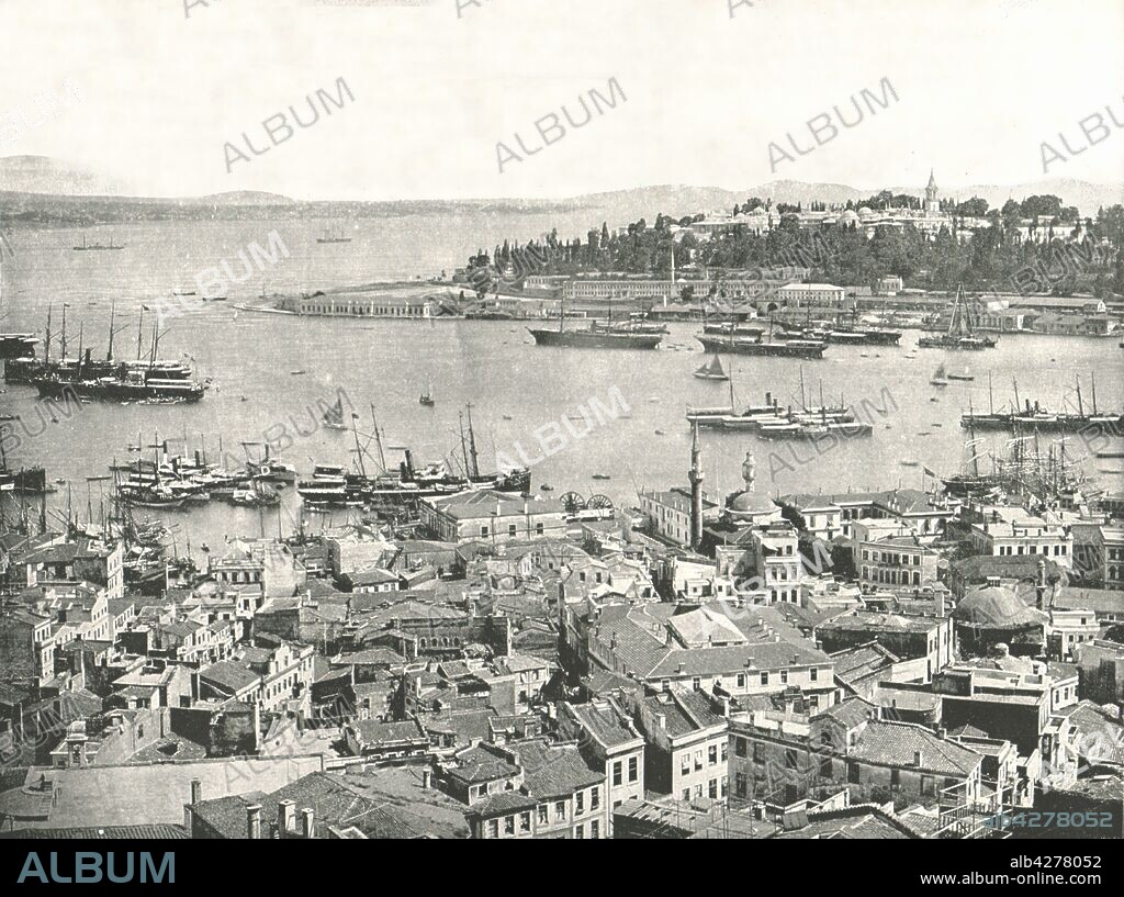 The entrance to the Golden Horn, Constantinople, Ottoman Empire, 1895. Ships at anchor in what is now Istanbul, Turkey. From "Round the World in Pictures and Photographs: From London Bridge to Charing Cross via Yokohama and Chicago". [George Newnes Ltd, London, 1895].