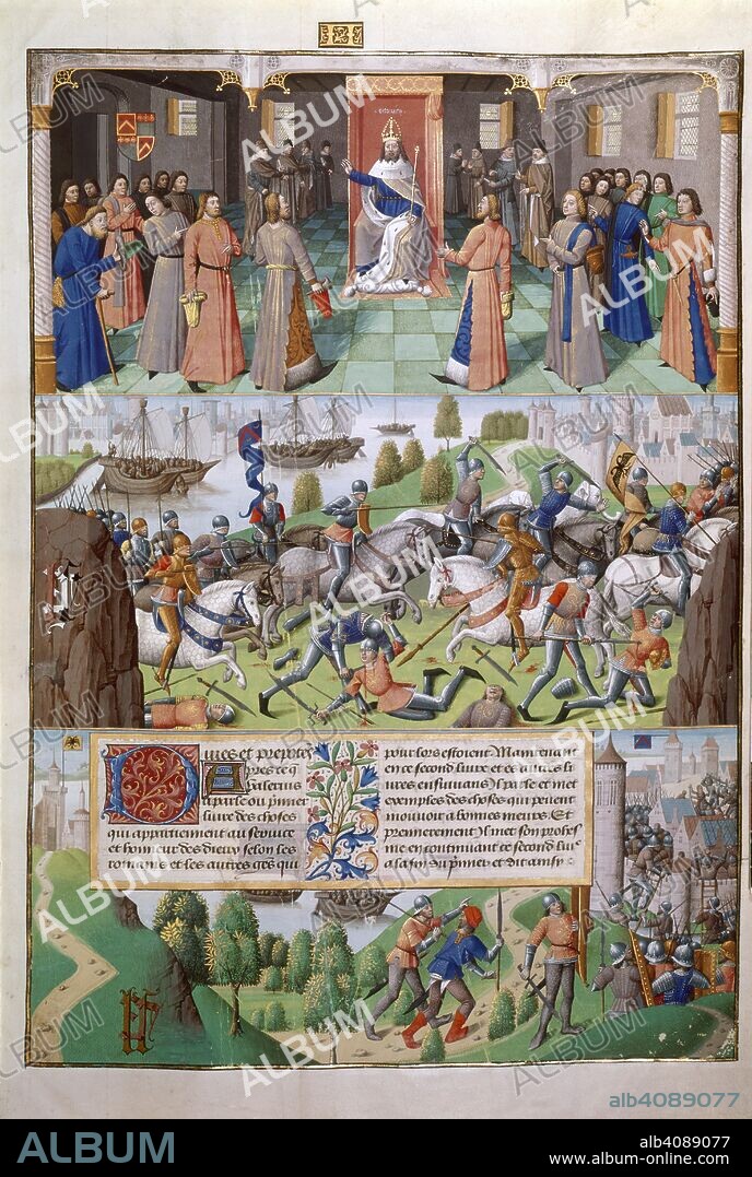 MAÃ®TRE FRANÃ§OIS. Siege of Capua. Les faits et les dis des romains et de autres gens. France (Paris); 1473-1480. (Whole folio) Preface to Book II. Scenes from Roman history illustrative of ancient institutions. Above, the Emperor Augustus giving audience. Centre, Fulvius Flaccus with light armed foot soldiers and horsemen at the siege of Capua. Below, the assault and taking of Capua.  Image taken from Les faits et les dis des romains et de autres gens [or Memorabilia].  Originally published/produced in France (Paris); 1473-1480. . Source: Harley 4374, f.88. Language: French.