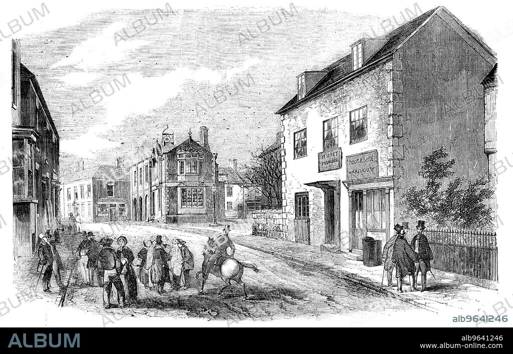 Rugeley, Staffordshire - the High-Street and Townhall, 1856. English doctor William Palmer, also known as the Rugeley Poisoner or the Prince of Poisoners, was found guilty of murder in one of the most notorious cases of the 19th century. Palmer got into debt through gambling on horse races, and took out life insurance policies on his wife and brother Walter. His friend John Parsons Cook became ill after drinking gin which Palmer had poisoned with strychnine. Palmer was arrested on the charge of murder and forgery - Palmer had been forging his mother's signature to defraud her - was tried at the Old Bailey in London in 1856, and convicted for the murder of Cook. It is likely that Palmer also poisoned his wife, his brother, and four of his own infant children. Palmer was executed in public by hanging. From "Illustrated London News", 1856.