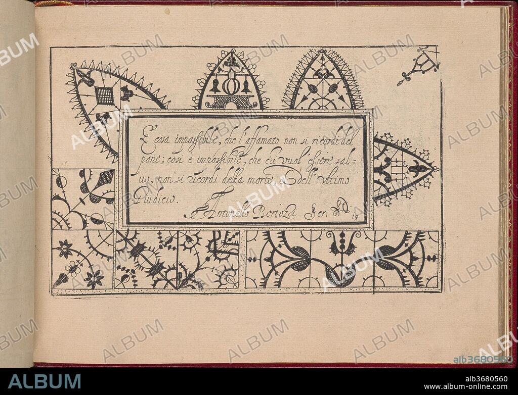 Ghirlanda: Di sei vaghi fiori scielti da piu famosi Giardini d'Italia, page 27 (recto). Designer: Pietro Paulo Tozzi (Italian, active 1593-1628). Dimensions: Overall: 5 7/8 x 7 7/8 in. (15 x 20 cm). Publisher: Libraria del Giesu , Padua. Date: October 1, 1604.
Designed by Pietro Paulo Tozzi, published by Libraria del Giesu, Padua. 
Calligraphy by Antonello Bertozzi and Sebastian Zanella, scribes of Padua.
Design is composed of a central rectangle upon which calligraphic text is printed in black. Place before and after the calligrapher's signature is a twisting linear motif. Surrounding the top and right sides of this middle section are rounded triangular motifs that are ornamented with a floral pattern; surrounding the left and bottom sides are squares ornamented with different geometric and linear patterns.